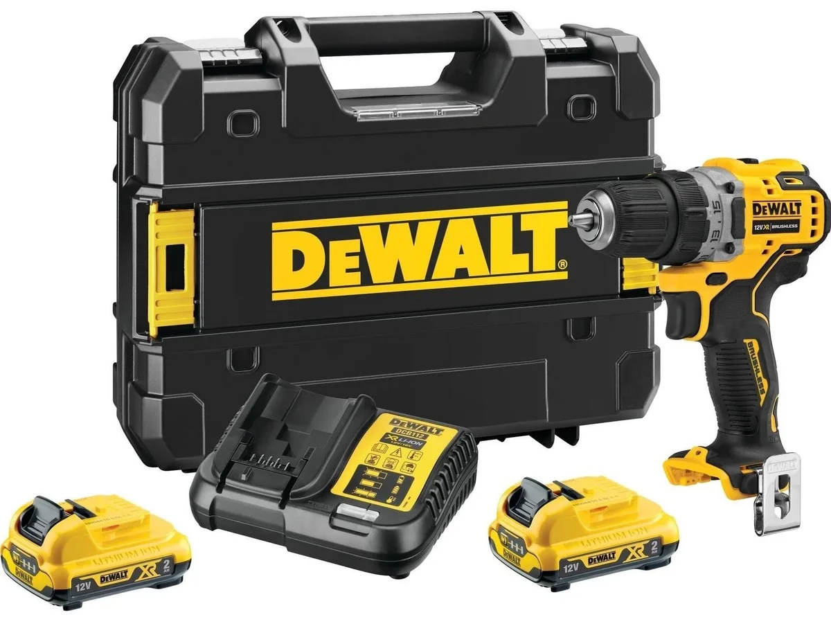 Акумуляторна дриль-шурупокрут DeWalt XR Li-Ion 12В, 2 батареї по 2А·год, момент 57.5Нм, швидкість 425-1500 об/хв, патрон 10мм, ваг