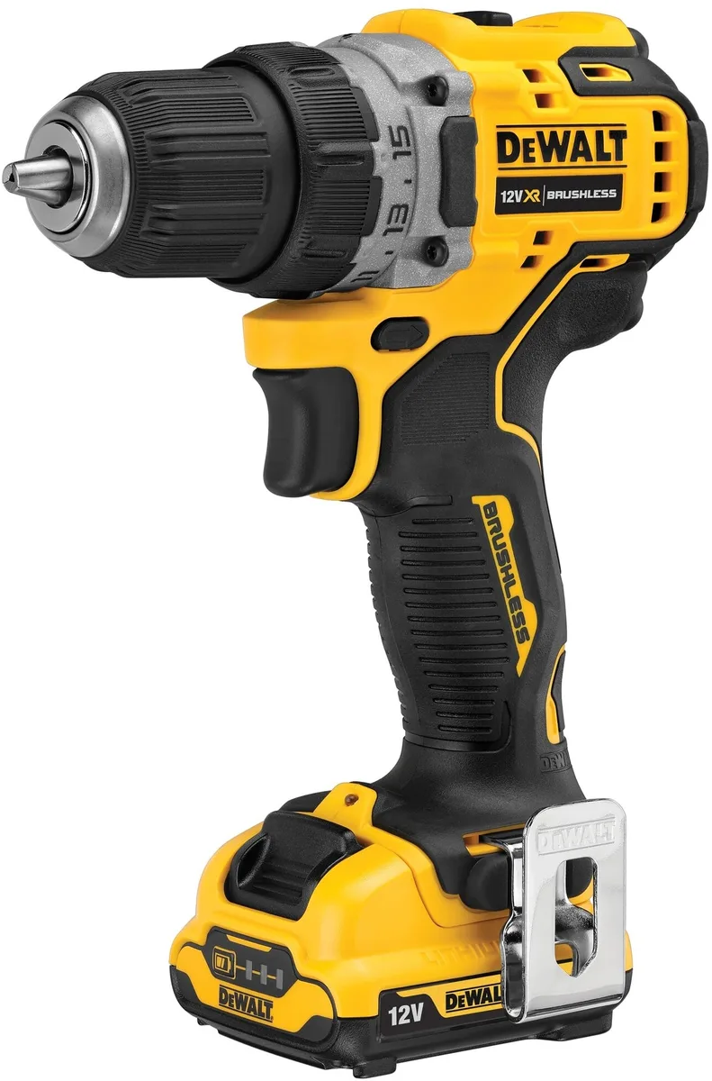 Акумуляторна дриль-шурупокрут DeWalt XR Li-Ion 12В, 2 батареї по 2А·год, момент 57.5Нм, швидкість 425-1500 об/хв, патрон 10мм, ваг
