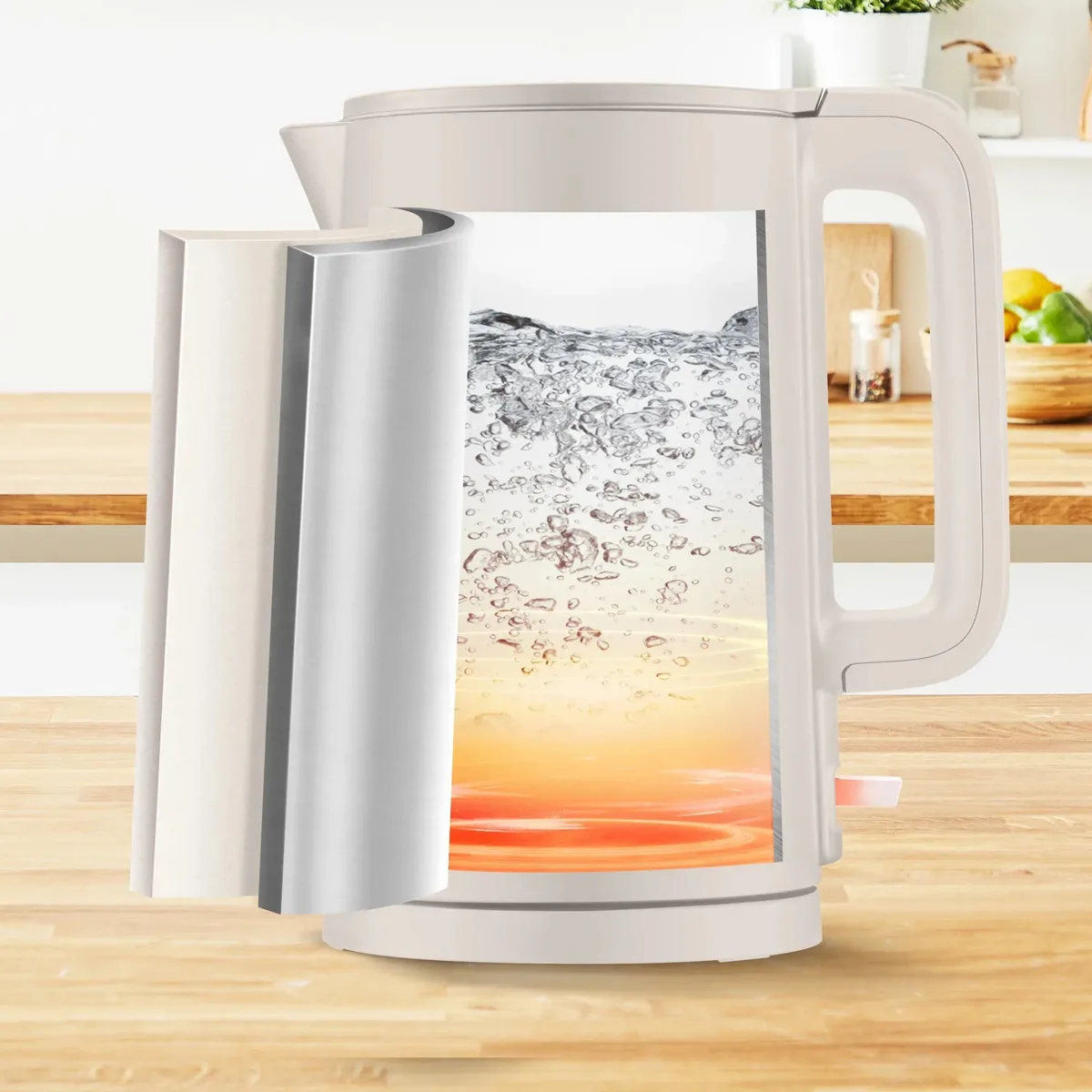 Електричний чайник Tefal Thermo Protect, 1.5л, пластиковий корпус, нержавіюча сталь, кремовий.