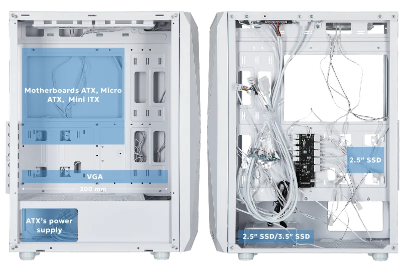 Корпус 2E GAMING Aruba G3313W, без БЖ 1xUSB3.0, 2xUSB2.0, 5x120мм ARGB, VGA 330мм, LCS ready, HUB, TG боковая панель, ATX, белый.