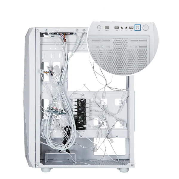 Корпус 2E GAMING Aruba G3313W, без БЖ 1xUSB3.0, 2xUSB2.0, 5x120мм ARGB, VGA 330мм, LCS ready, HUB, TG боковая панель, ATX, белый.