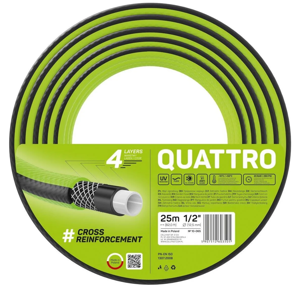 Садовий шланг Cellfast QUATTRO 1/2' 25м, 4 шари, витримує тиск до 20 бар, температурний діапазон -10...+50°C.