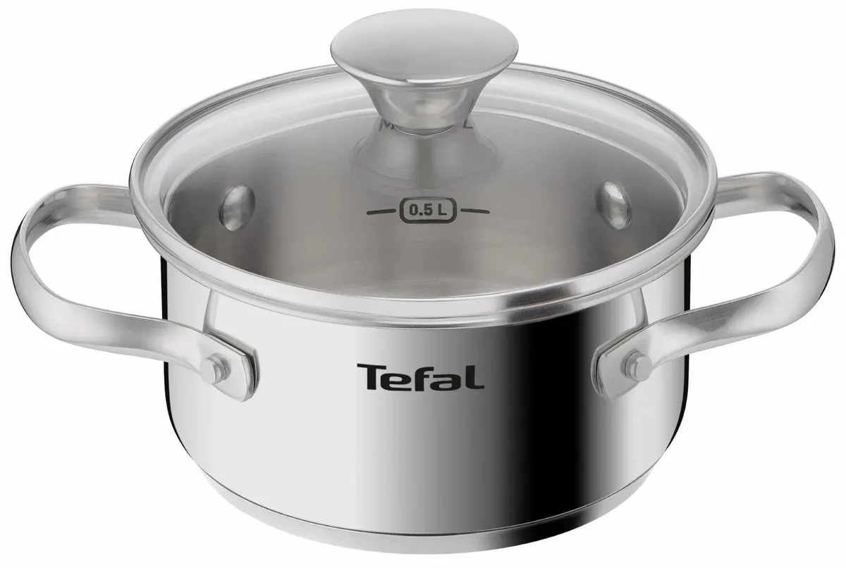Каструля Tefal Mini з кришкою, 1 л, з нержавіючої сталі та скляним покриттям.