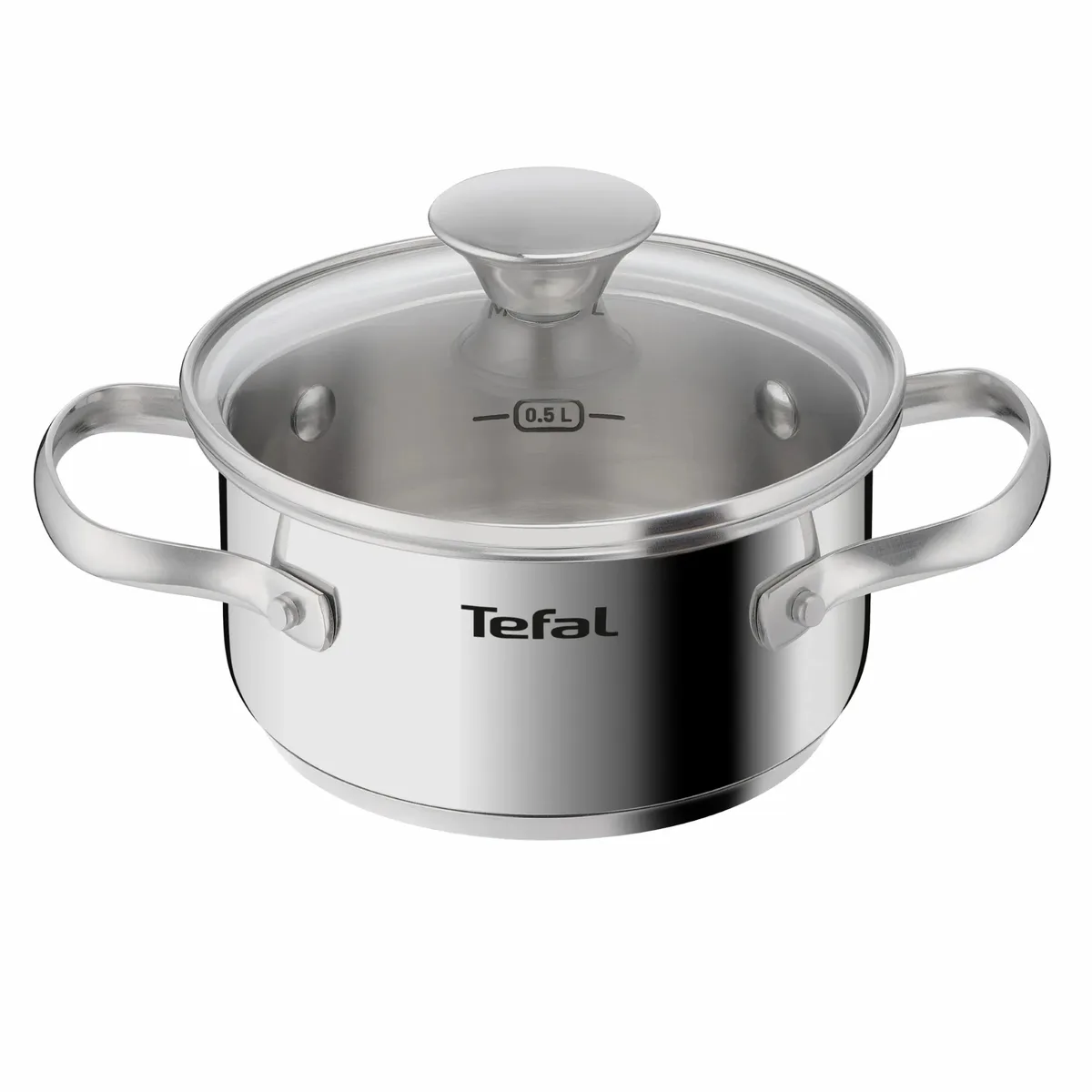 Каструля Tefal Mini з кришкою, 1 л, з нержавіючої сталі та скляним покриттям.