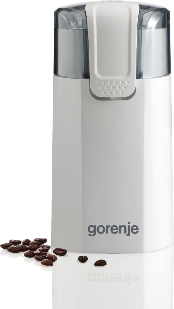 Кофемолка Gorenje роторного типа, мощность 150 Вт, емкость для зерен 60 г, 3 уровня помола, материалы: пластик и металл, цвет белый