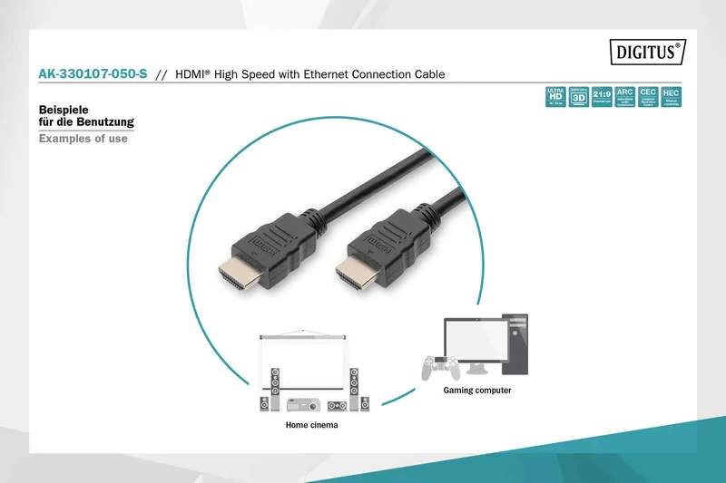 Кабель DIGITUS HDMI (M/M), High speed/Ethernet, 5м, чорний