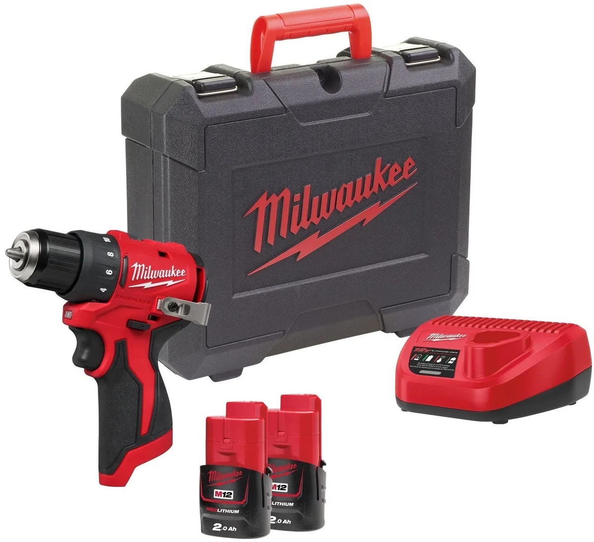 Акумуляторний шуруповерт-дриль Milwaukee M12 BLDDRC-202C 12В 2х2А·год 40Нм 0-550-1700об/хв ЗП C12C в кейсі, вага 1.2кг.