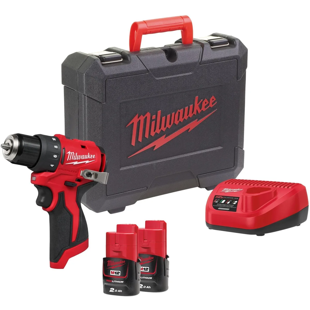 Акумуляторний шуруповерт-дриль Milwaukee M12 BLDDRC-202C 12В 2х2А·год 40Нм 0-550-1700об/хв ЗП C12C в кейсі, вага 1.2кг.