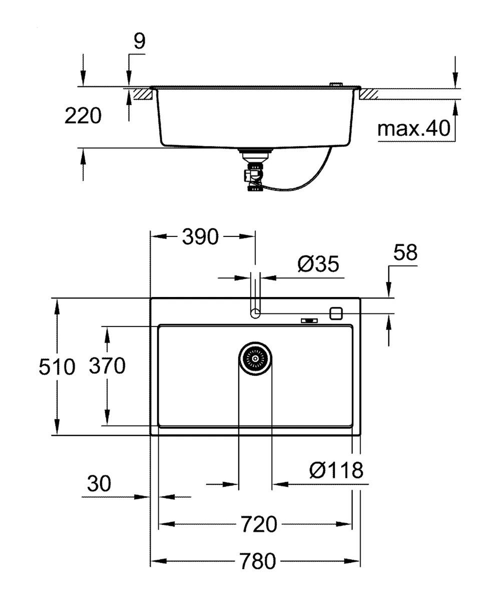 Композитна мийка Grohe гранітна 780х510х220 мм чорна матова