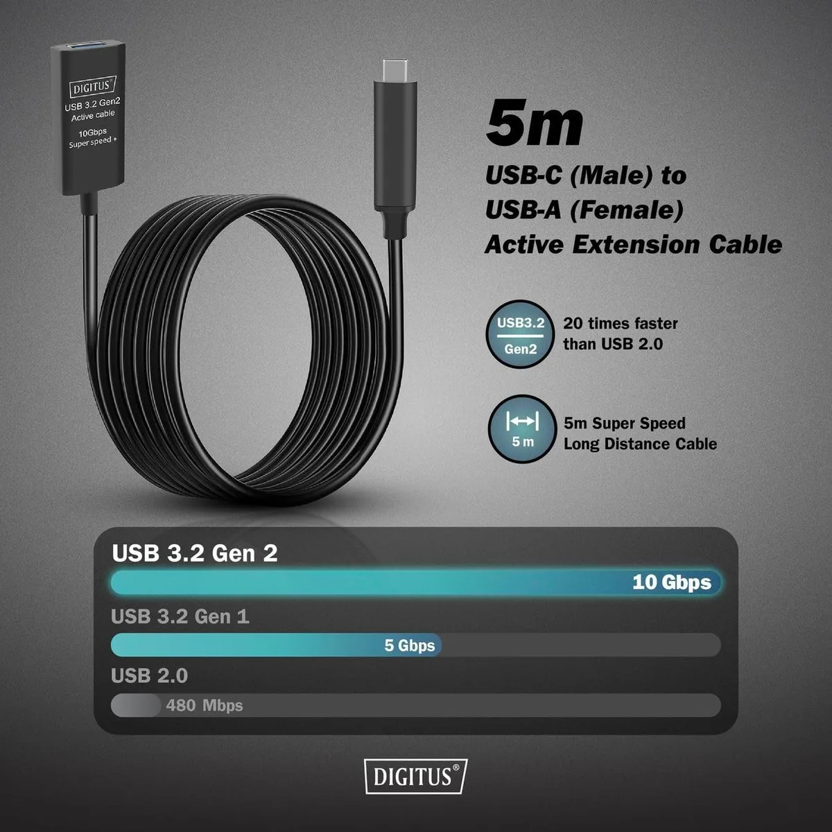 Подовжувач DIGITUS USB 3.2 Gen2 Active Cable 10G, C/M-A/F, 5м, чорний