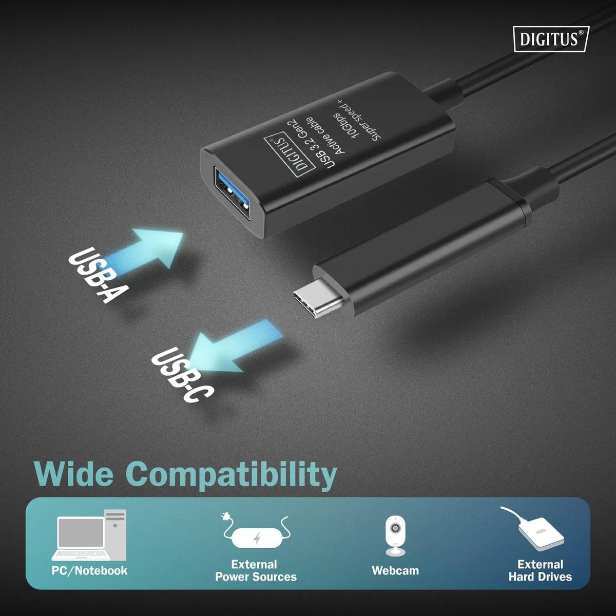 Подовжувач DIGITUS USB 3.2 Gen2 Active Cable 10G, C/M-A/F, 5м, чорний