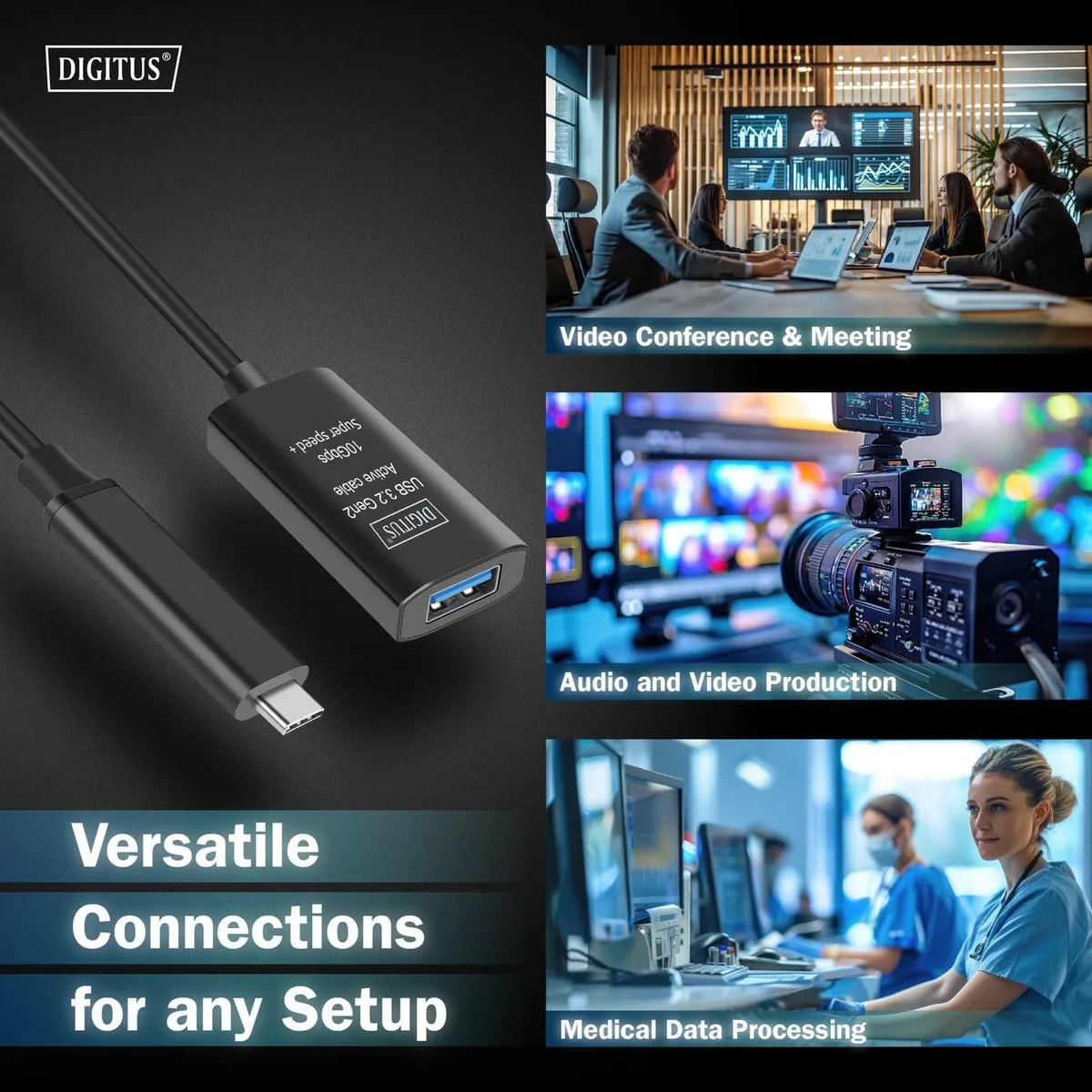 Подовжувач DIGITUS USB 3.2 Gen2 Active Cable 10G, C/M-A/F, 5м, чорний