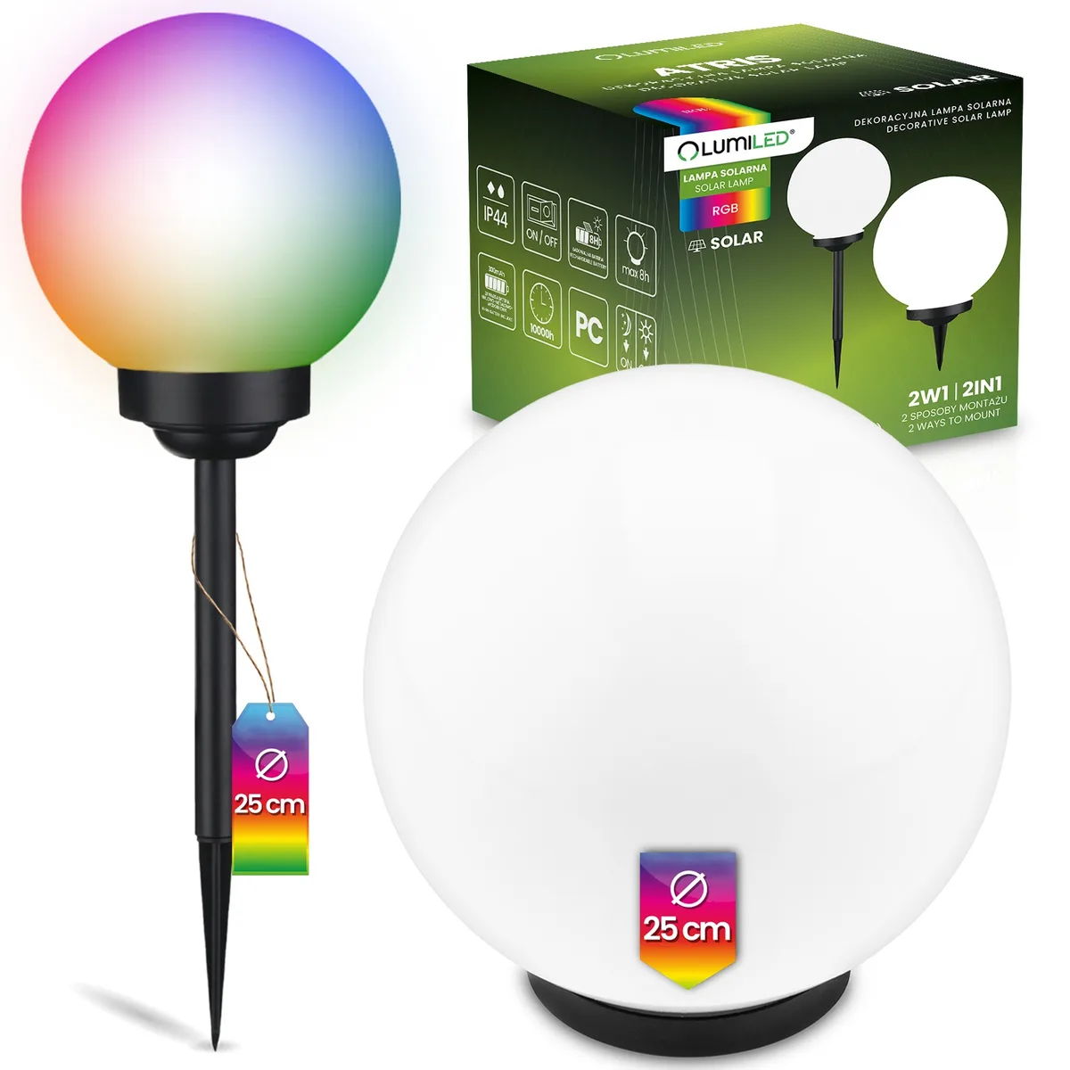 Садова RGB куля LumiLED полікарбонат 25 см асорті на сонячній батареї IP44