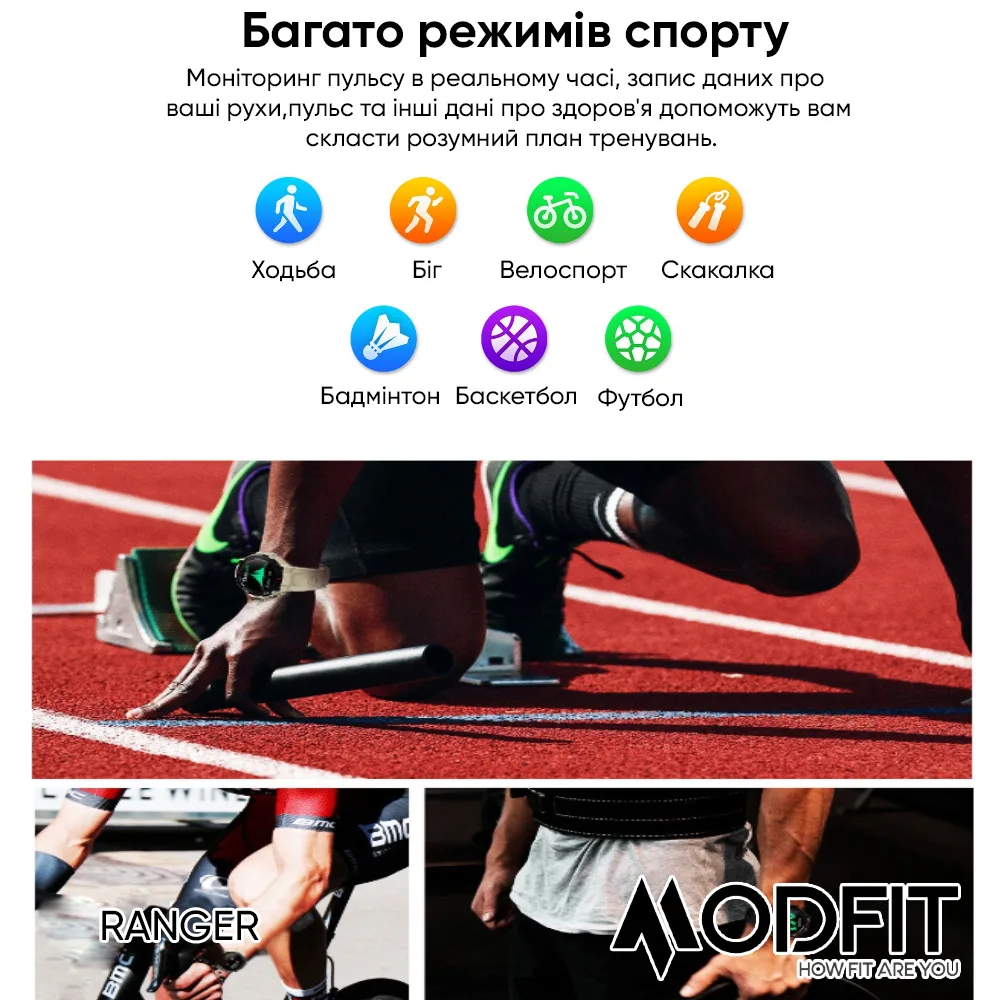 Умні годинники Modfit полімер сталь 36 мм сірі