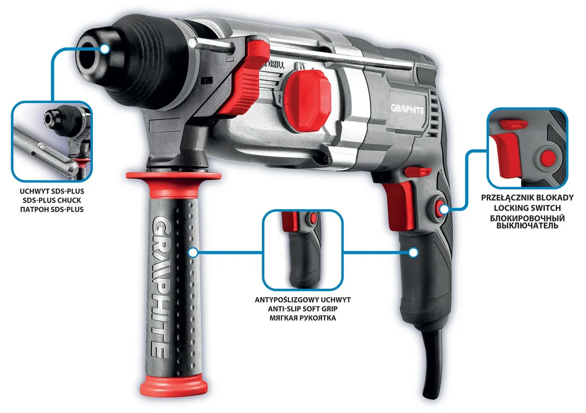 Перфоратор GRAPHITE SDS-plus 900 Вт, 3.4 Дж, у кейсі, вага 6.1 кг