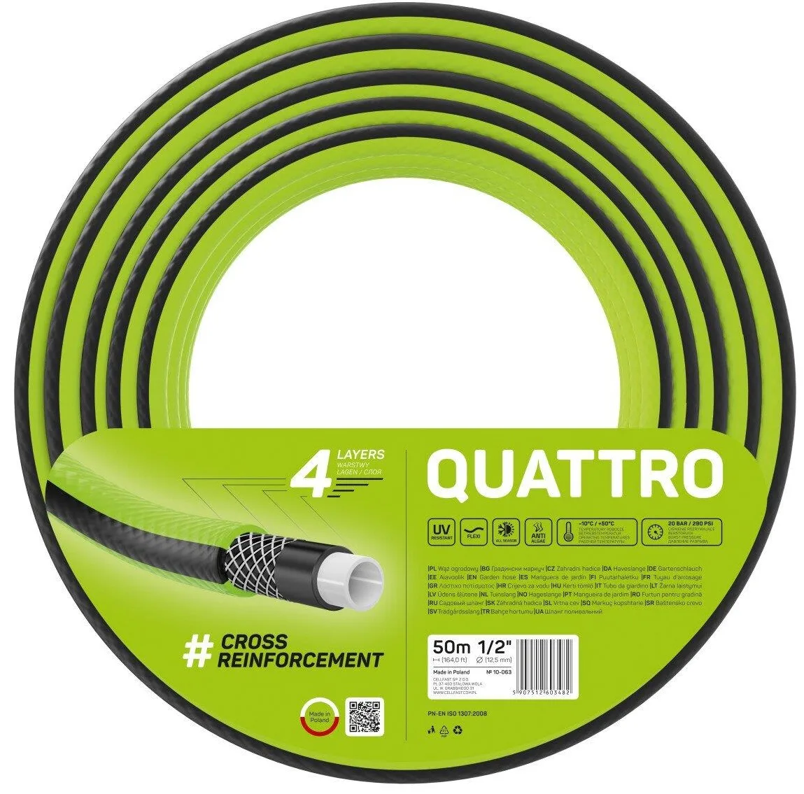 Садовий шланг Cellfast QUATTRO 1/2' 50м, 4 шари, витримує тиск до 20 бар, температурний діапазон -10...+50°C.