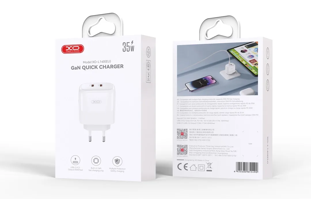Мережевий зарядний пристрій XO 35Вт 2xUSB Type-C Білий
