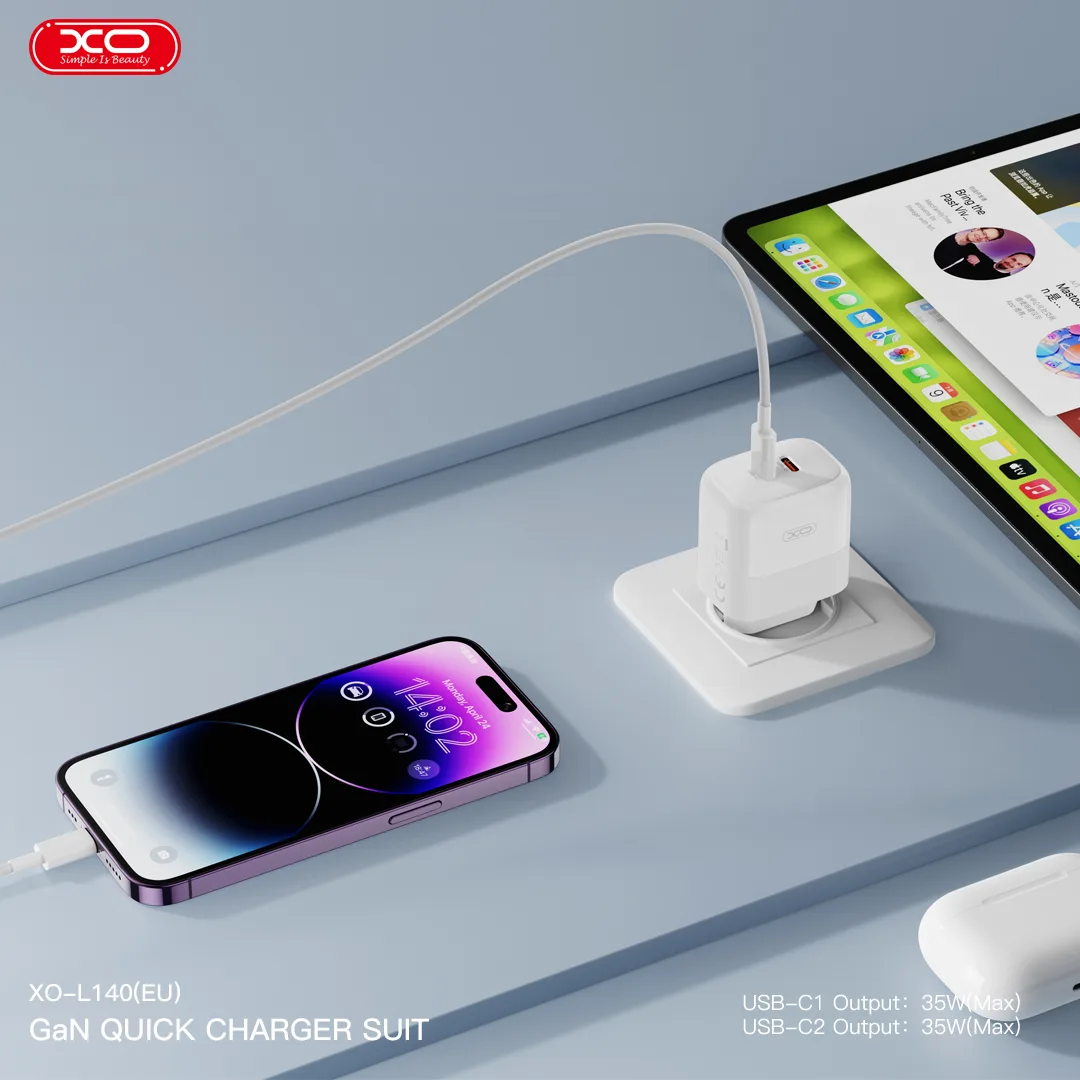 Мережевий зарядний пристрій XO 35Вт 2xUSB Type-C Білий
