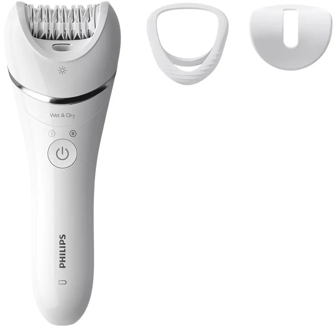 Епілятор Philips 8000 серії, дисковий, акумуляторний, з пінцетом, 32 пінцети, вологий і сухий режим, 2 насадки, з підсвіткою, біли