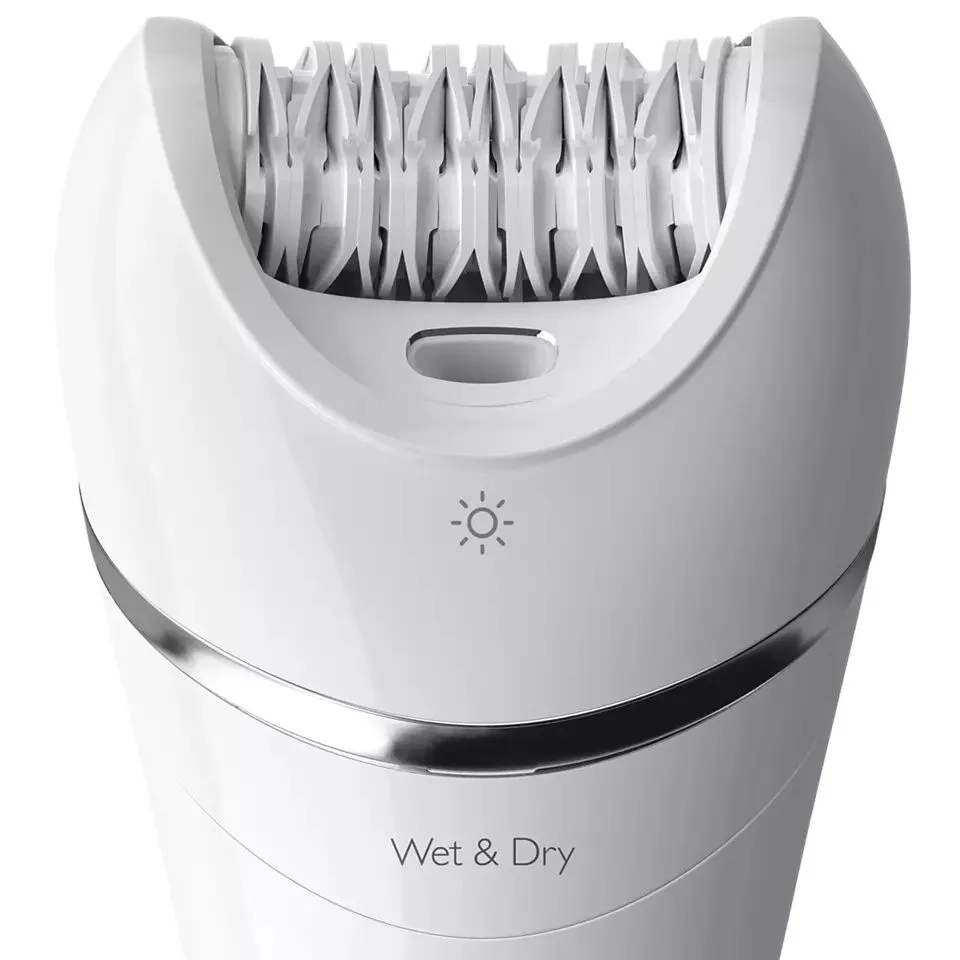 Епілятор Philips 8000 серії, дисковий, акумуляторний, з пінцетом, 32 пінцети, вологий і сухий режим, 2 насадки, з підсвіткою, біли