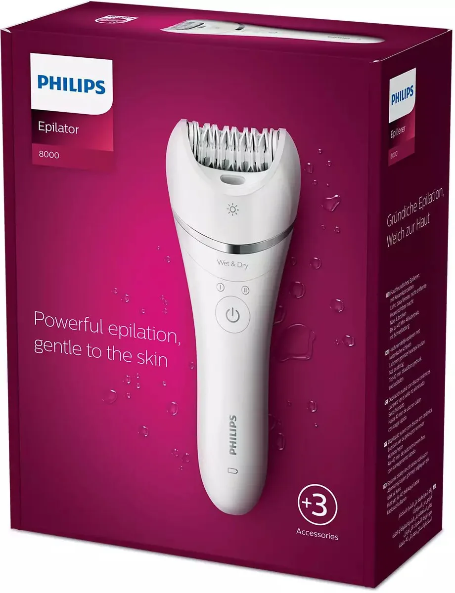 Епілятор Philips 8000 серії, дисковий, акумуляторний, з пінцетом, 32 пінцети, вологий і сухий режим, 2 насадки, з підсвіткою, біли