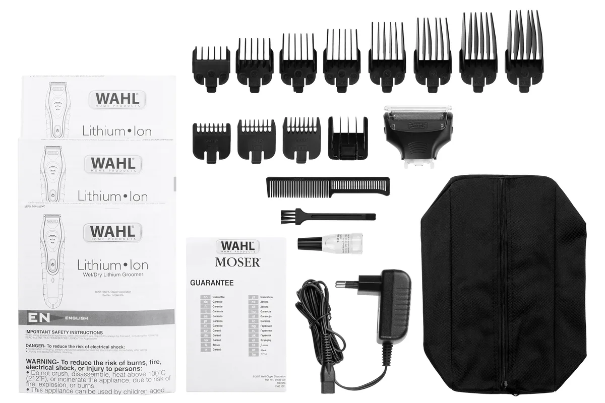 Тример WAHL Aqua Groom, акумуляторний, роторний двигун, 12 насадок, чохол, гребінець, сталь, чорний.