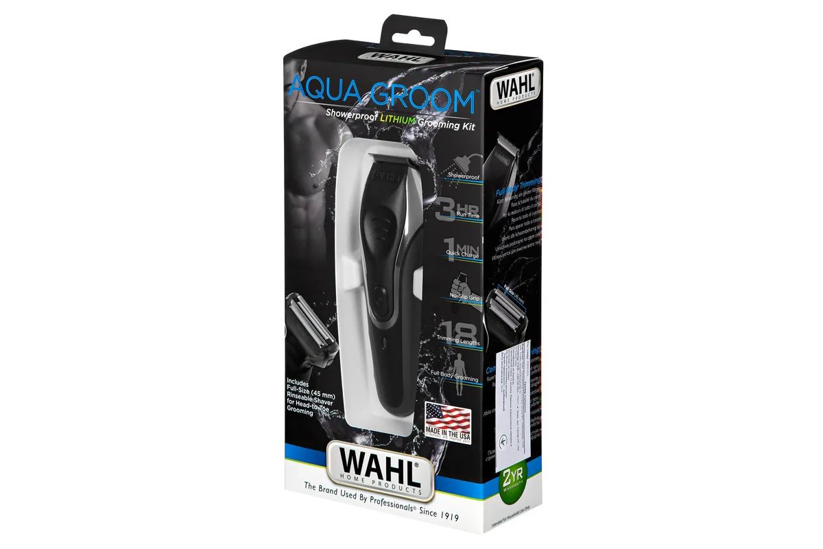 Тример WAHL Aqua Groom, акумуляторний, роторний двигун, 12 насадок, чохол, гребінець, сталь, чорний.