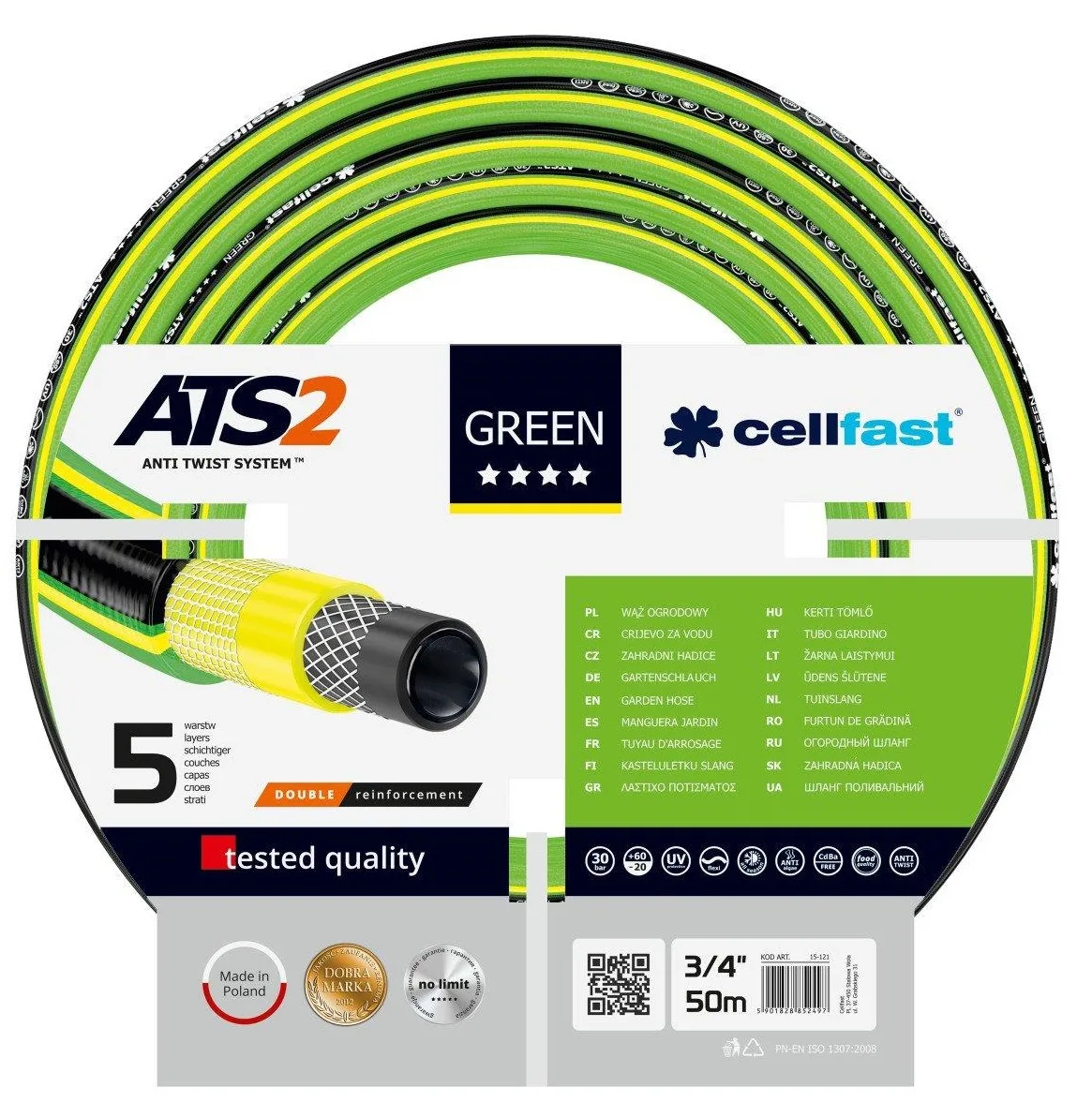 Садовий шланг Cellfast GREEN ATS 3/4" 50м, 5 шарів, тиск до 30 бар, температурний діапазон -20...+60°C.
