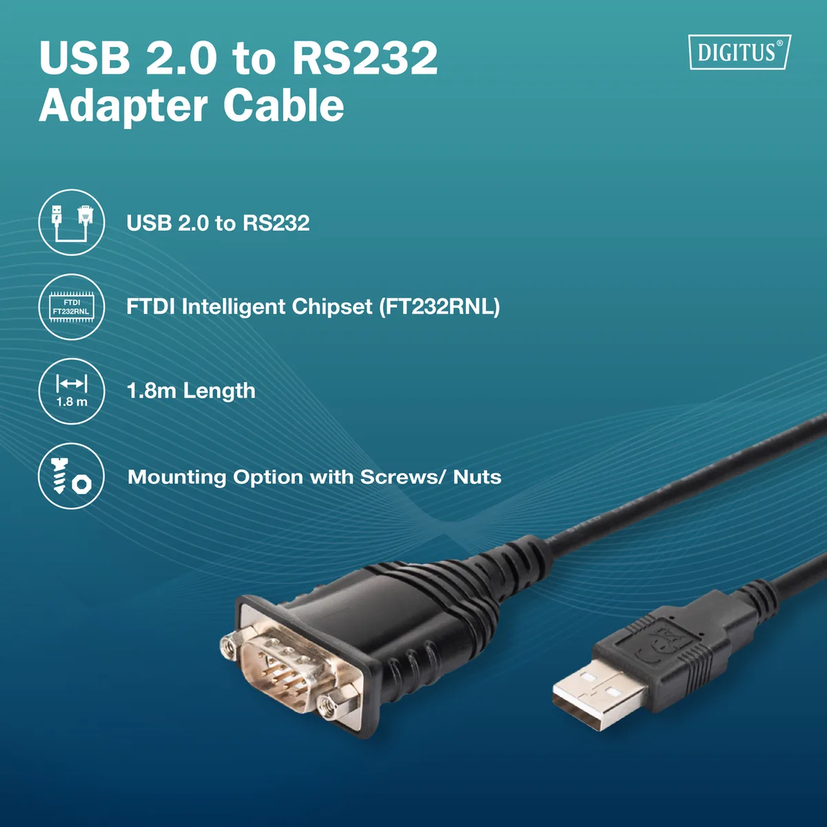 Адаптер DIGITUS USB 2.0 RS232 1.8 м Позолочені контакти