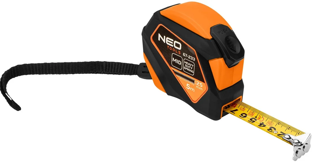 Рулетка Neo Tools 5мx25мм з фіксатором магніт для вимірювання довжини чорна помаранчева