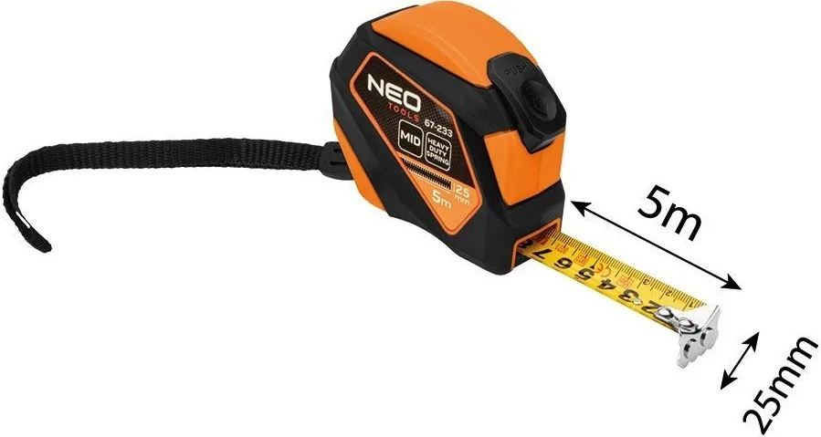 Рулетка Neo Tools 5мx25мм з фіксатором магніт для вимірювання довжини чорна помаранчева
