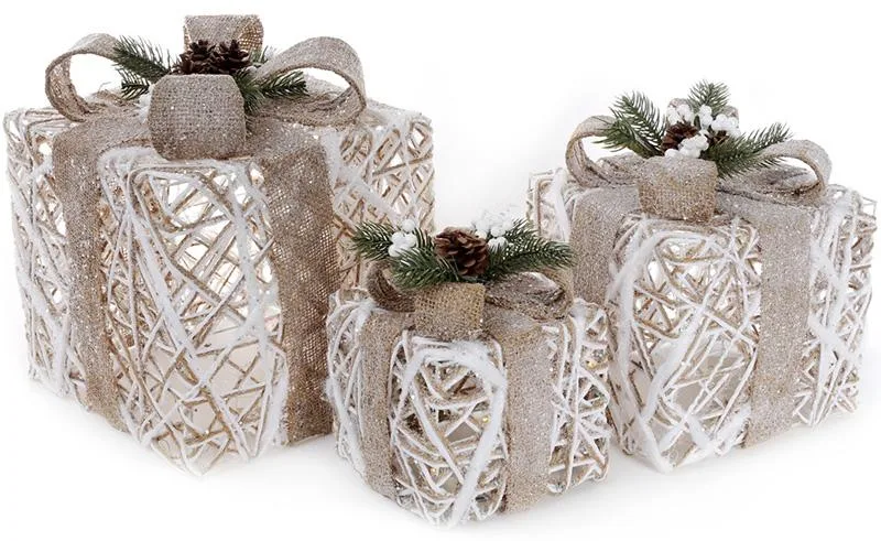 Набір подарункових коробок з LED-підсвіткою New Year Gifts білий з бежевими бантами 3 шт.