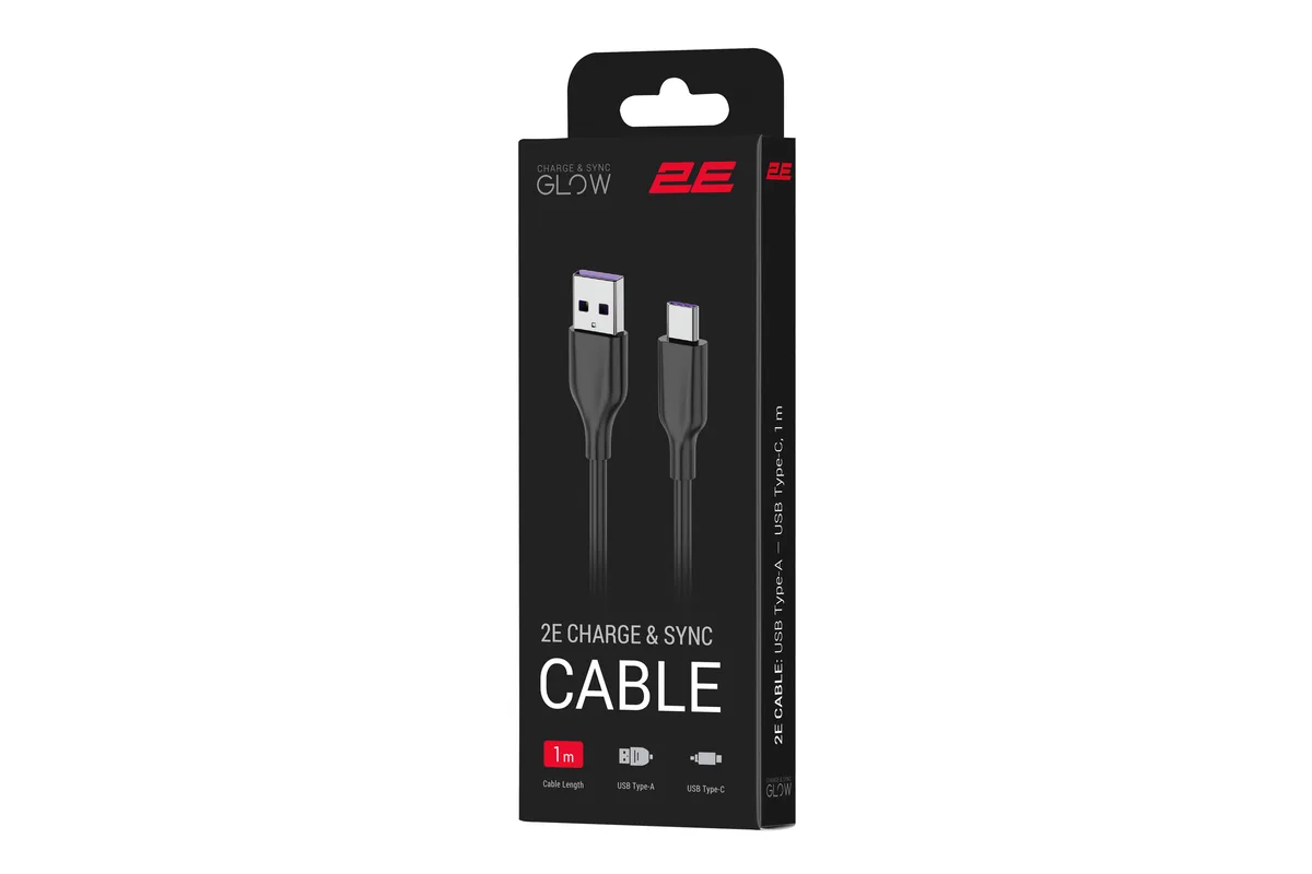 Кабель USB-A > USB-C заряджання/синхронізації 2E 1м, Type-C, Glow, чорний