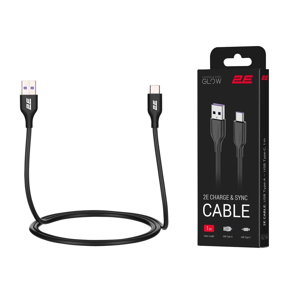 Кабель USB-A > USB-C заряджання/синхронізації 2E 1м, Type-C, Glow, чорний