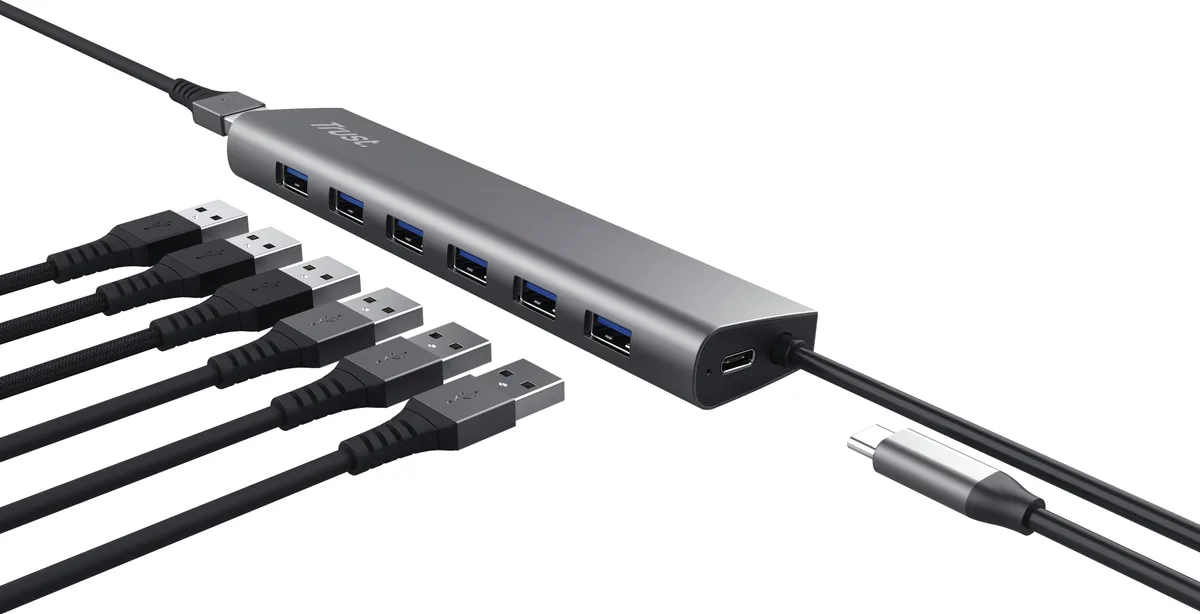 Хаб Trust Halyx 7-IN-1 USB-A > 7xUSB-А 3.2, Алюміній, 0.8м, чорний