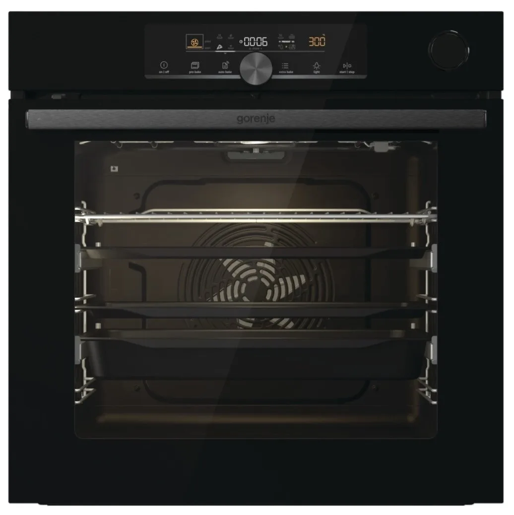 Електрична духова шафа Gorenje, 77 л, клас енергоефективності A+, функція пара, дисплей, багаторівневе приготування, піроліз, чорн