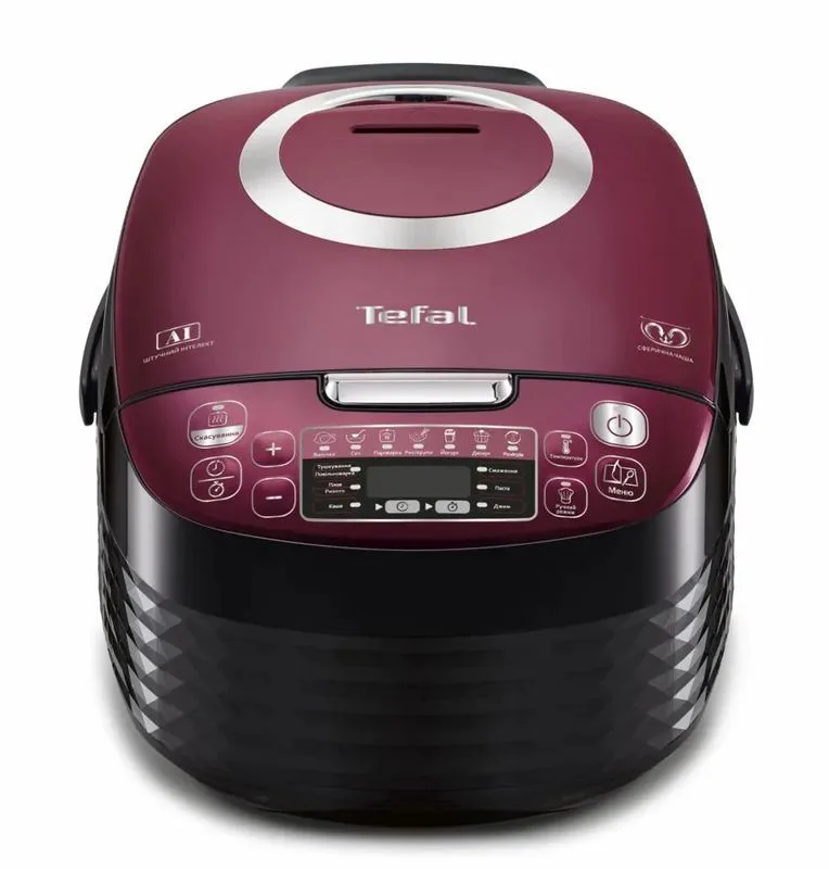 Мультиварка Tefal Spherical, 750Вт, 4л чаша, електронне управління, пластиковий корпус, чорний з бордовими акцентами.