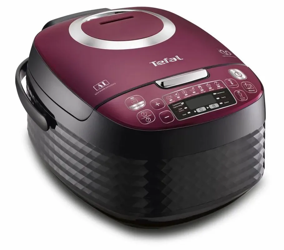 Мультиварка Tefal Spherical, 750Вт, 4л чаша, електронне управління, пластиковий корпус, чорний з бордовими акцентами.