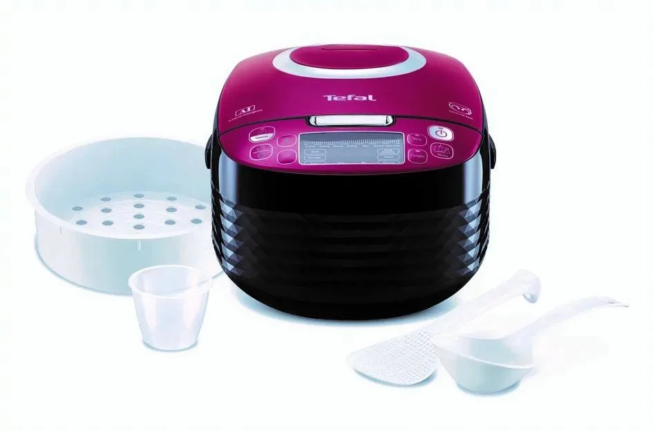 Мультиварка Tefal Spherical, 750Вт, 4л чаша, електронне управління, пластиковий корпус, чорний з бордовими акцентами.