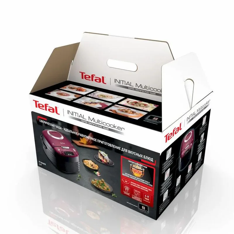 Мультиварка Tefal Spherical, 750Вт, 4л чаша, електронне управління, пластиковий корпус, чорний з бордовими акцентами.