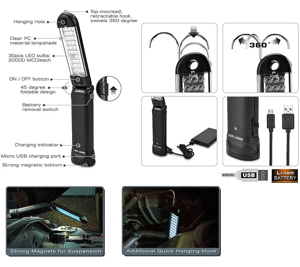 Ліхтар світлодіодний Toptul JJAT0105 акумуляторний 205 г 30 LED нейлон 5V USB