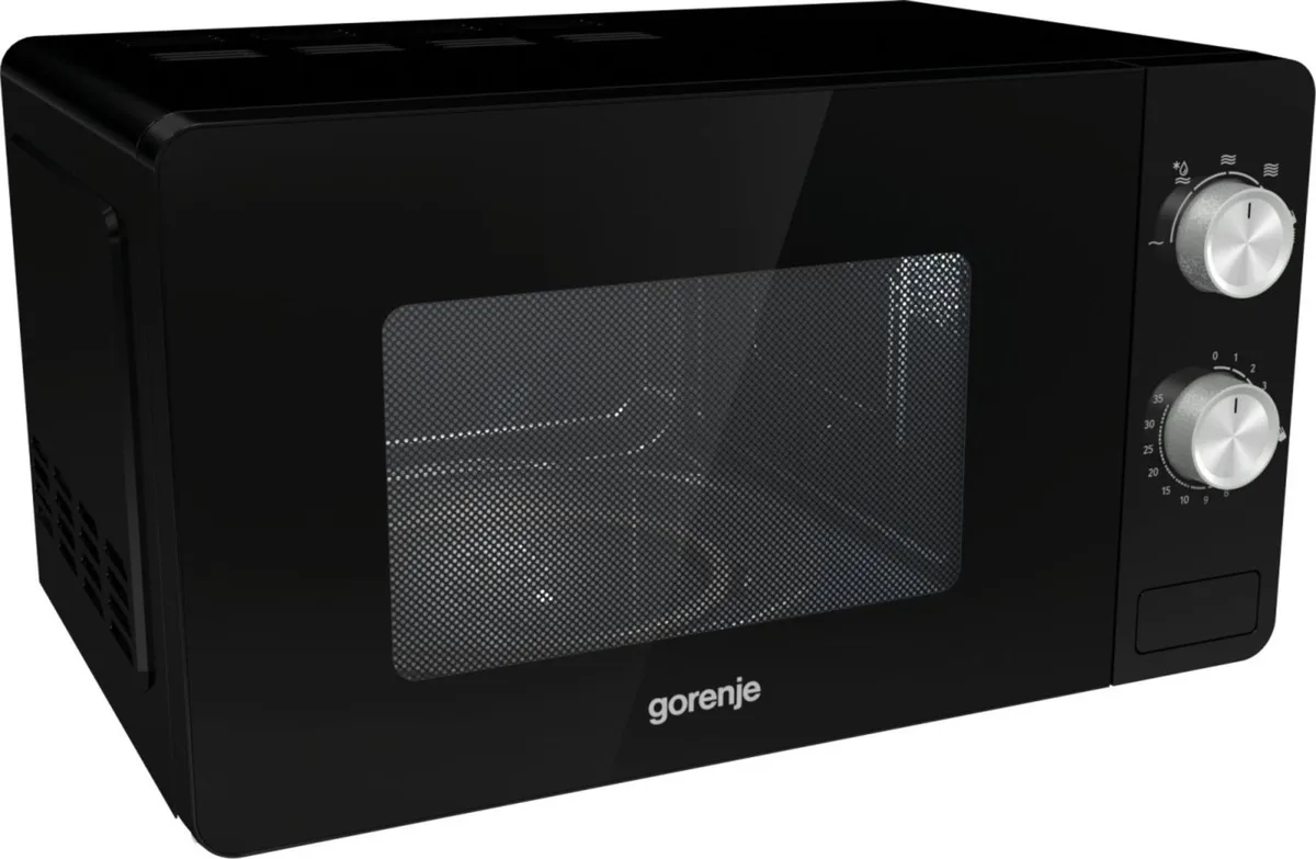 Мікрохвильова піч Gorenje, об'єм 17 л, механічне управління, потужність 700 Вт, чорного кольору.