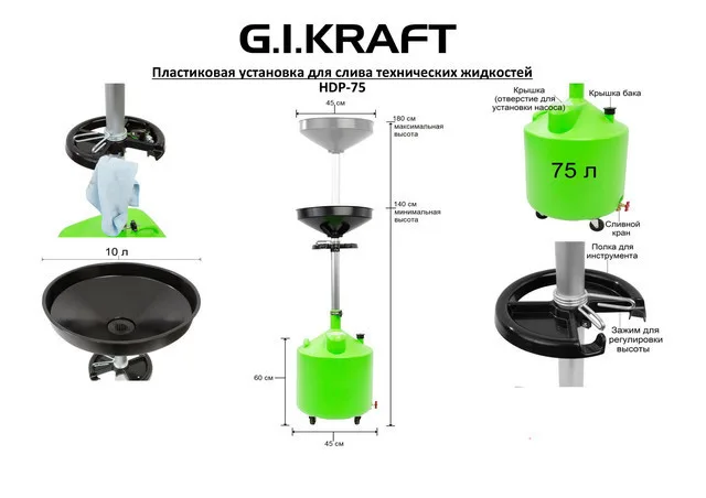Установка для слива масла 75л пластиковая черная GIKRAFT