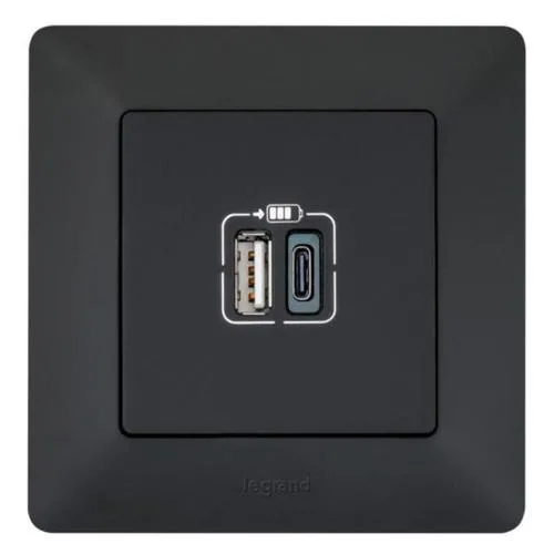 Зарядний пристрій з двома USB-роз'ємами тип А+типС Valena LIFE, 240V, 5V, 3A, матовий чорний