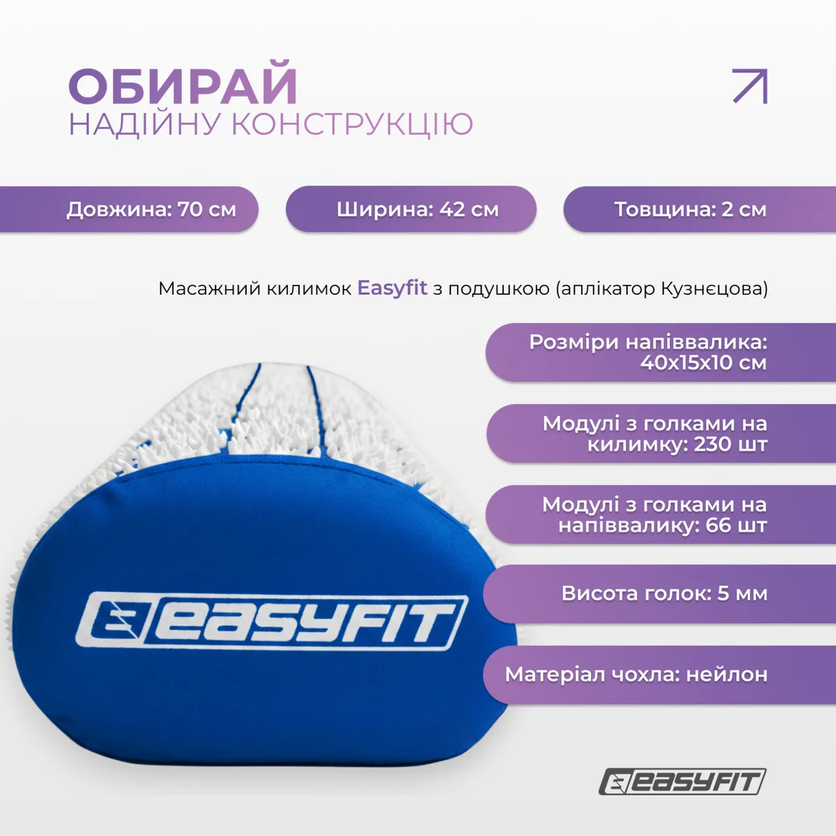 Масажний килимок EasyFit бавовняний 42х70 см з подушкою Синій з білим