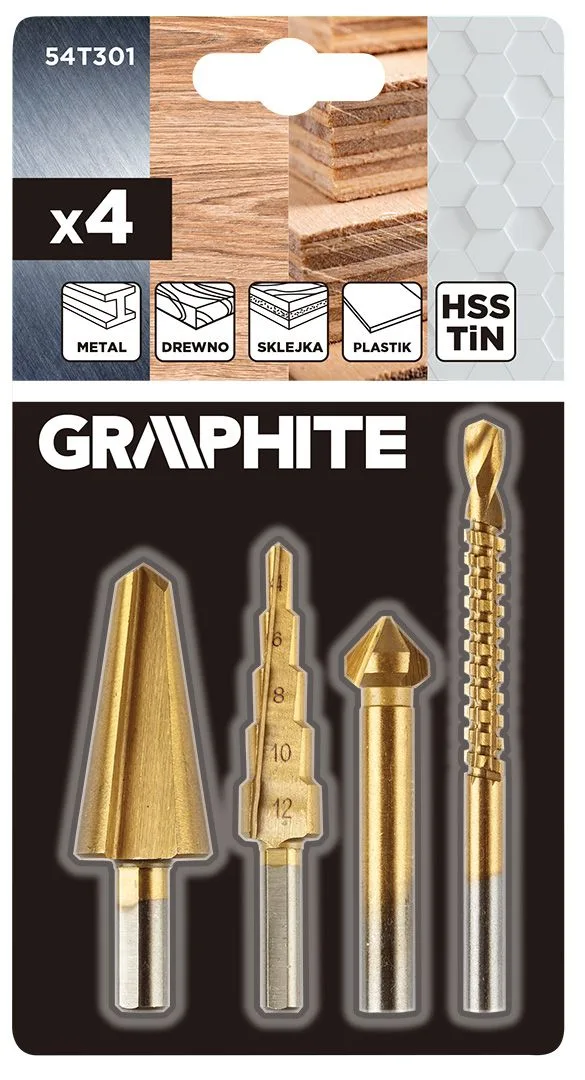 Комплект свердел GRAPHITE TiN, ступінчасте свердло, розгортка, фреза, зенкер, 4 шт, 0.098 кг.