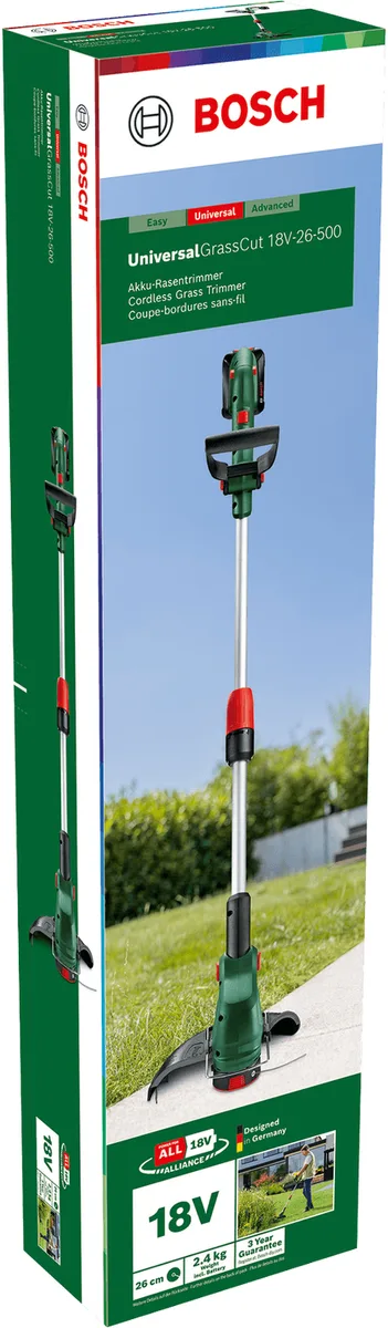 Акумуляторний садовий тример Bosch UniversalGrassCut 18V-26-500, 1x2.5А·год, 26 см, легкий (3.5 кг) для зручного догляду за газоно