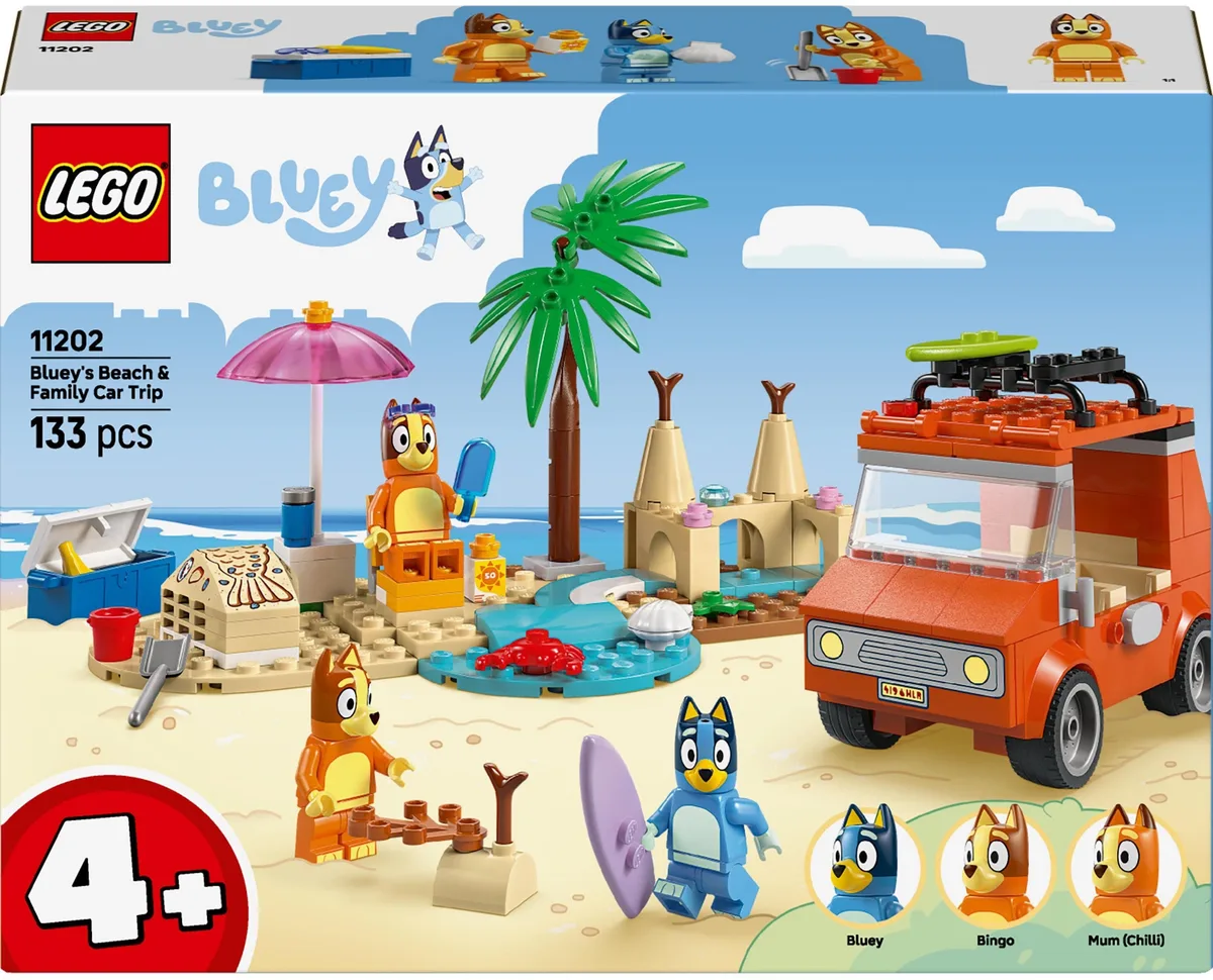 Конструктор LEGO Bluey 4+ різнокольоровий пластиковий пляж і сімейна поїздка на автомобілі