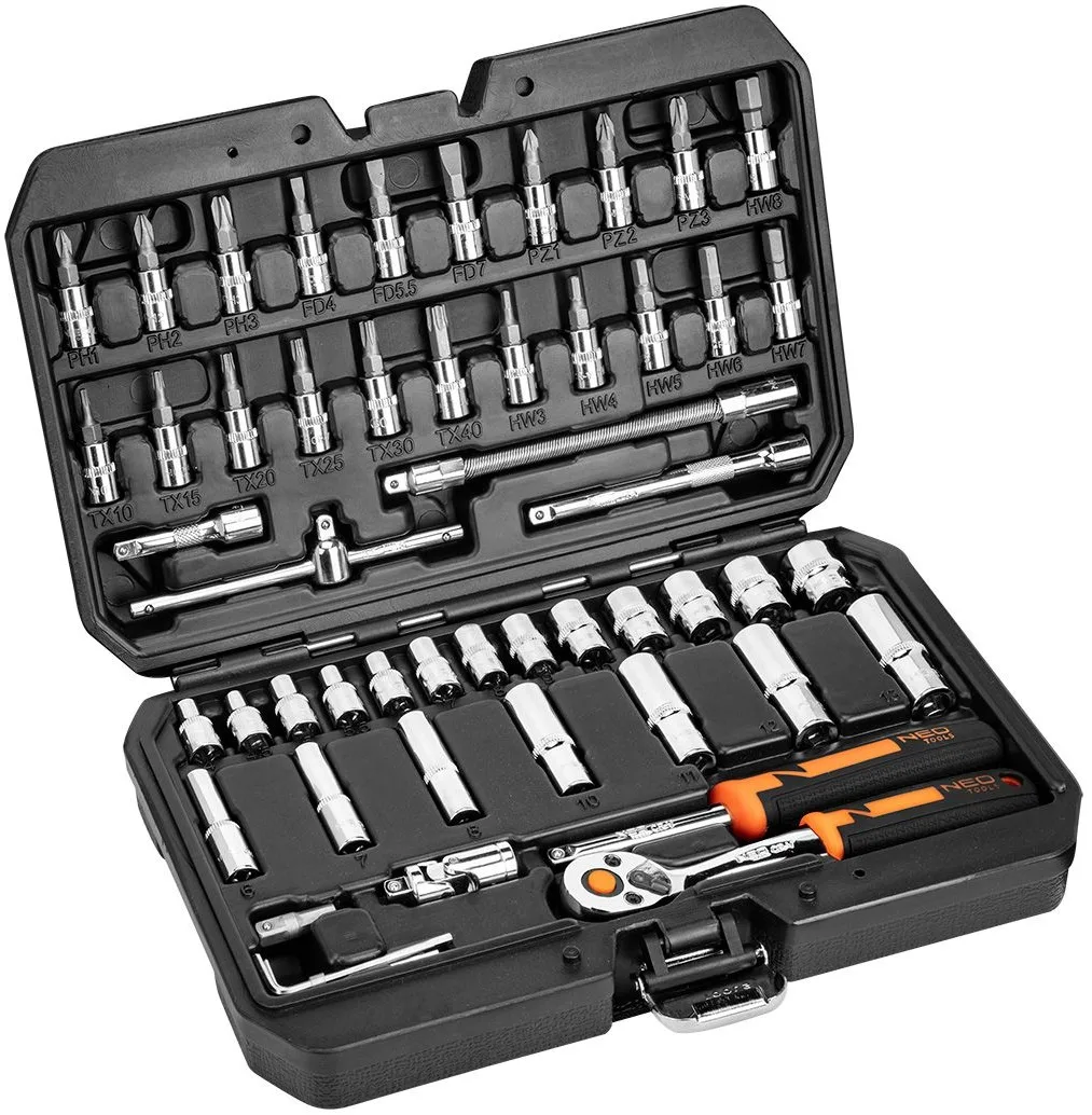 Набір інструментів Neo Tools, Набір торцевих головок, 1/2", 1/4", CrV, кейс, 73шт