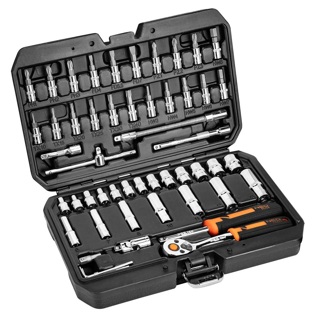 Набор инструментов Neo Tools, Набор торцевых головок, 1/2", 1/4", CrV, кейс, 73шт